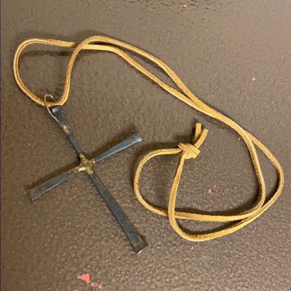 Handmade Large Goth dystopian cut nail cross on leather rope